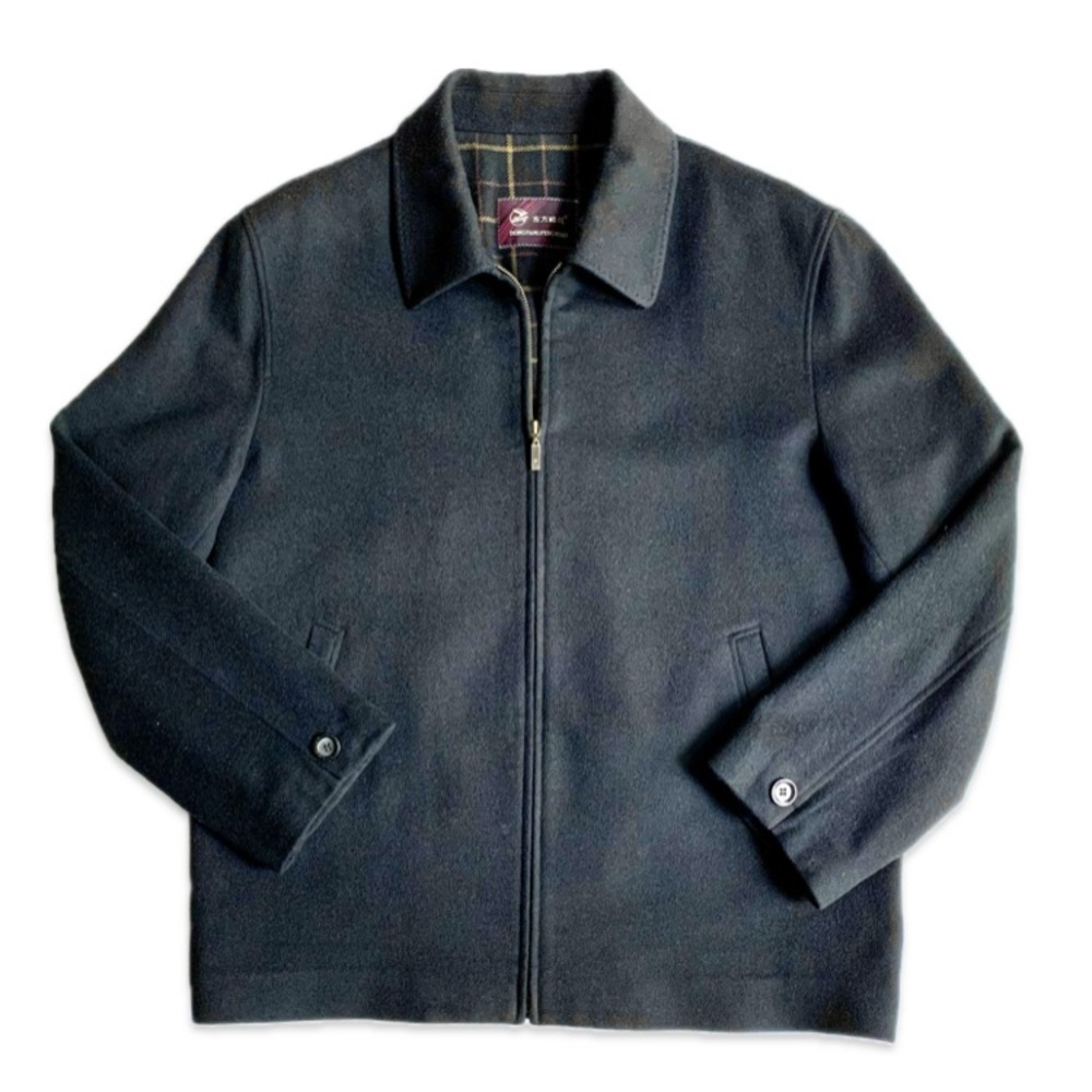 Black Worsted Wool/Cashmere Zippered Jacket with Collared Neckline size 38 (US M